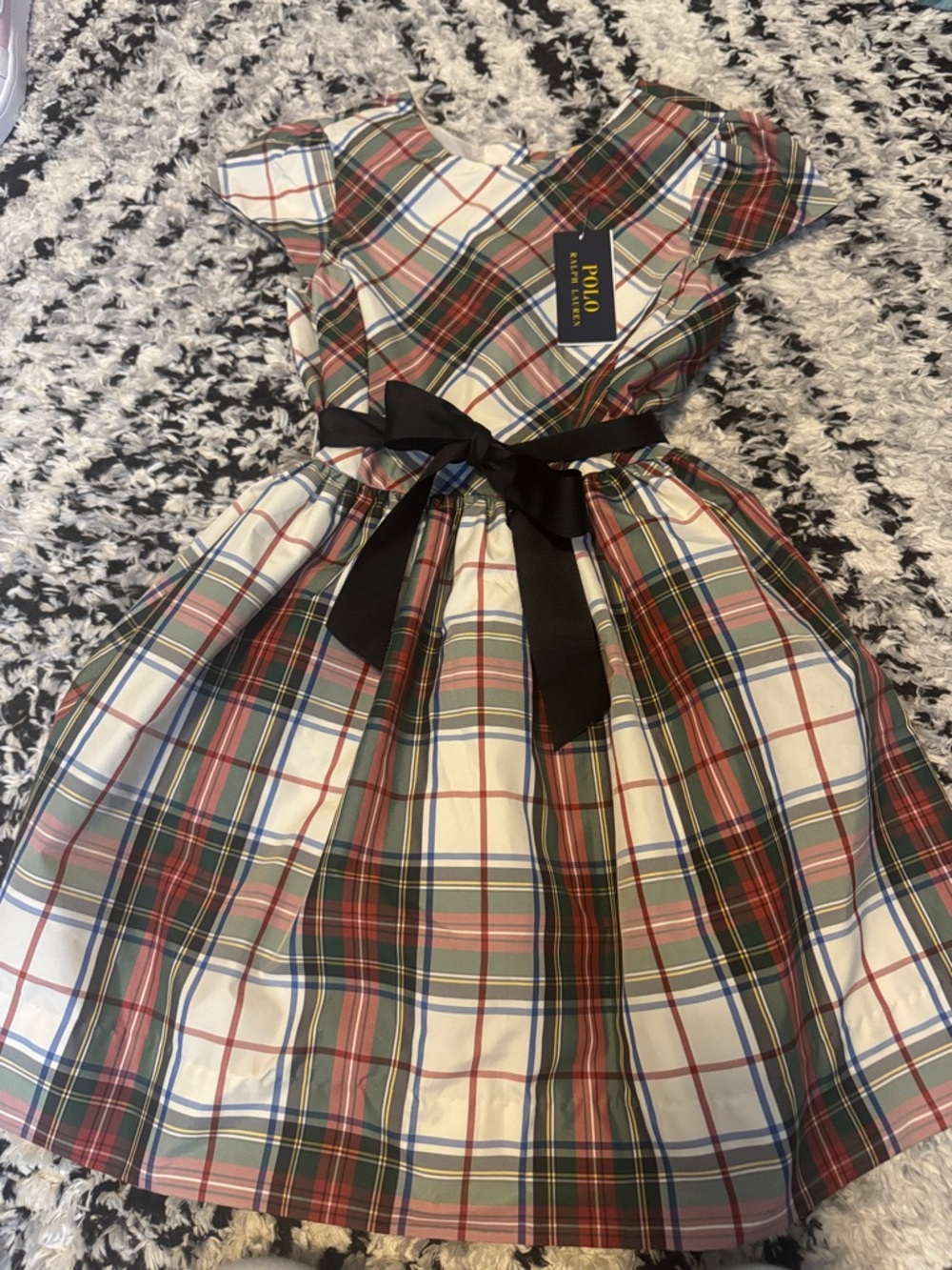 Polo by Ralph Lauren Girls' Green Red Navy Plaid Dress with Black Bow
